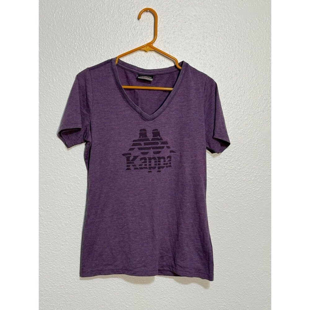 Kappa Women’s V-Neck Short Sleeve T-Shirt Purple Logo Print Size L Cotton Blend